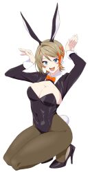 Rule 34 | 1girl, nanashi inc., :d, akitetsu, alternate costume, animal ears, black footwear, black leotard, black shirt, blue eyes, bow, bowtie, breasts, brown hair, brown pantyhose, cleavage, covered navel, full body, high heels, highres, hiyoku no crosspiece, large breasts, leotard, looking at viewer, multicolored hair, open mouth, orange bow, orange bowtie, orange hair, pantyhose, playboy bunny, rabbit ears, rabbit pose, rabbit tail, shirt, short hair, shrug (clothing), simple background, smile, solo, squatting, strapless, strapless leotard, tail, touri sei, two-tone hair, virtual youtuber, white background, wrist cuffs