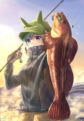 Rule 34 | 1girl, animal, animal ears, animal focus, blue eyes, commentary request, fish, fishing lure, fishing rod, fusou (fuso0205), gloves, hair between eyes, hat, highres, holding, holding animal, holding fish, holding fishing rod, horse ears, horse girl, horse tail, in water, jacket, light green hair, lingcod, looking at viewer, pants, short hair, solo, sunset, tail, umamusume