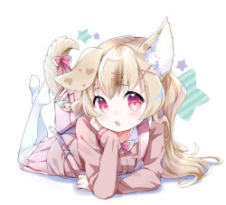 Rule 34 | 1girl, amimi, animal ear fluff, animal ears, aqua hair, backpack, bag, blonde hair, bow, bowtie, child, collar, commentary request, commission, dog ears, dog girl, full body, hair ornament, hairclip, hand up, highres, kneehighs, legs up, long hair, long sleeves, looking at viewer, multicolored hair, no shoes, open mouth, original, pink eyes, pink shirt, pink skirt, randoseru, shirt, sidelocks, skeb commission, skirt, socks, solo, star (symbol), streaked hair, tail, white background, white collar, white socks