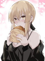 Rule 34 | 1girl, artoria pendragon (all), artoria pendragon (fate), black jacket, black ribbon, black shirt, blonde hair, blush, breasts, burger, cleavage, clothes down, collarbone, eating, fate/stay night, fate (series), food, hair between eyes, hair ribbon, highres, holding, holding food, jacket, jewelry, looking at viewer, necklace, official alternate costume, open clothes, open jacket, pineapple (pine), ribbon, saber alter, saber alter (ver. shinjuku 1999) (fate), shirt, short hair, sidelocks, signature, sleeveless, sleeveless shirt, small breasts, solo, upper body, white background, yellow eyes