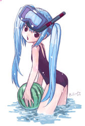 Rule 34 | 1girl, blue hair, chestnut mouth, diving mask, diving mask on head, food, fruit, goggles, goggles on head, holding, holding food, holding fruit, kiira, kooh, one-piece swimsuit, pangya, purple eyes, school swimsuit, snorkel, solo, swimsuit, twintails, wading, water, watermelon