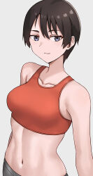 Rule 34 | 1girl, abs, black hair, breasts, closed mouth, collarbone, commentary request, hashi, looking at viewer, medium breasts, navel, original, purple eyes, red sports bra, short bangs, short hair, simple background, smile, solo, sports bra, standing, tomboy, white background