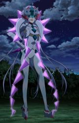 Rule 34 | 10s, 1girl, ahoge, armor, armpits, blue eyes, bodysuit, breasts, bush, choker, city, city lights, clothing cutout, cloud, full body, gem (symbol), glowing, glowing weapon, grass, grin, hand on own hip, headgear, highres, light purple hair, long hair, low-tied long hair, night, night sky, open mouth, pantyhose, park, pauldrons, platform footwear, screencap, senki zesshou symphogear, shoulder armor, shoulder spikes, skin tight, sky, smile, solo, spikes, standing, star (sky), stitched, teeth, third-party edit, tongue, tree, twintails, underboob, underboob cutout, vambraces, very long hair, visor, weapon, whip, yukine chris