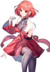 Rule 34 | 1girl, alternate costume, black pantyhose, breasts, closed mouth, detached sleeves, dress, highres, holding, large breasts, looking at viewer, pantyhose, pyra (xenoblade), red dress, red eyes, red hair, red sleeves, ririko (zhuoyandesailaer), short hair, simple background, sitting, smile, solo, swept bangs, white background, xenoblade chronicles (series), xenoblade chronicles 2