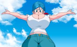 Rule 34 | 1girl, absurdres, arms up, artist name, blindstash, blue eyes, blue hair, breasts, bulma, cleavage, curvy, denim, derivative work, dragon ball, dragon ball super, highres, huge breasts, jeans, looking at viewer, looking down, mature female, pants, redrawn, scarf, screenshot redraw, shirt, short sleeves, sky, solo, thick thighs, thighs, white shirt, wide hips