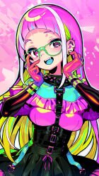 Rule 34 | 1girl, blonde hair, blue hair, blue tongue, blunt bangs, breasts, collar, colored tongue, colorful, dress, ear piercing, fangs, frills, glasses, gloves, green-framed eyewear, green hair, heart, long hair, medium breasts, multicolored hair, onono imoko, open mouth, original, piercing, pink background, pink eyes, pink gloves, pink hair, solo, spiked collar, spikes, streaked hair, upper body, white hair