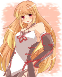 Rule 34 | 1girl, bare shoulders, blush, breasts, detached sleeves, gradient background, highres, long hair, milla (fractured), open mouth, orange hair, pink eyes, red background, skirt, solo, tales of (series), tales of xillia, tales of xillia 2