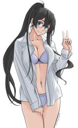 Rule 34 | 1girl, absurdres, alternate breast size, arm up, bare legs, black hair, blue eyes, bra, breasts, cleavage, closed mouth, collarbone, cowboy shot, glasses, hair between eyes, head tilt, highres, kantai collection, large breasts, long hair, long sleeves, looking at viewer, navel, ooyodo (kancolle), open clothes, panties, ponytail, shirt, simple background, smile, solo, sozan, standing, twitter username, underwear, v, white background, white shirt