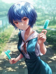 Rule 34 | 1girl, ayanami rei, blue hair, blue skirt, blurry, blurry background, blush, breasts, closed mouth, collarbone, commentary, cowboy shot, day, depth of field, dress shirt, eyelashes, fence, food, grass, hair between eyes, hand up, highres, holding, holding food, holding popsicle, incoming food, light smile, looking at viewer, medium breasts, neck ribbon, neon genesis evangelion, outdoors, park, path, popsicle, red eyes, red ribbon, ribbon, road, school uniform, shirt, short hair, short sleeves, skirt, smile, solo, sparkle, standing, stone floor, suspender skirt, suspenders, tokyo-3 middle school uniform, tree, white shirt, yahha