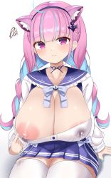 Rule 34 | 1girl, absurdres, ahoge, alternate breast size, anchor hair ornament, animal ears, areola slip, blue hair, blush, braid, breasts, brooch, cat ears, choker, cleavage, cleavage cutout, clothing cutout, dot nose, frown, hair ornament, hairband, highres, hololive, huge breasts, jewelry, lactation, lactation through clothes, large areolae, long hair, makihara (yosika wawawa), minato aqua, minato aqua (sailor), miniskirt, multicolored hair, nipple slip, nipples, pink hair, pleated skirt, puffy areolae, purple eyes, school uniform, serafuku, simple background, skirt, solo, squiggle, tearing up, thighhighs, thighs, twin braids, two-tone hair, virtual youtuber, white background, white thighhighs, zettai ryouiki