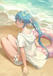 Rule 34 | 1girl, ahoge, beach, bikini, blue eyes, blue hair, bow, bow bikini, breasts, closed mouth, commentary request, day, hair between eyes, hair bow, hatsune miku, highres, hood, hood down, hooded jacket, innertube, jacket, long hair, looking at viewer, looking back, open clothes, open jacket, outdoors, saino misaki, sand, short sleeves, sitting, small breasts, smile, solo, swim ring, swimsuit, twintails, very long hair, vocaloid, water, white bikini, white bow, white jacket