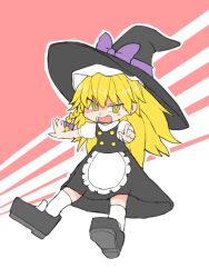 Rule 34 | 1girl, apron, black footwear, black hat, black skirt, black vest, blonde hair, blush, bow, braid, buttons, commentary request, cookie (touhou), flat chest, frilled apron, frills, full body, hair bow, hat, hat bow, kanakamei1, kirisame marisa, long hair, looking at viewer, medium bangs, open mouth, pink background, pointing, pointing at viewer, puffy short sleeves, puffy sleeves, purple bow, shirt, shoes, short sleeves, single braid, skirt, skirt set, socks, solo, touhou, two-tone background, uzuki (cookie), v-shaped eyebrows, vest, waist apron, white apron, white background, white shirt, white socks, witch hat, yellow eyes