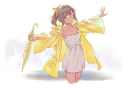 Rule 34 | 1girl, bigrbear, bow, breasts, brown hair, clenched teeth, dress, glasses, green eyes, hair bow, holding, holding umbrella, jacket, looking at viewer, open clothes, open jacket, original, outdoors, sleeveless, sleeveless dress, small breasts, smile, solo, teeth, umbrella, white dress, yellow bow, yellow jacket
