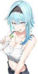 Rule 34 | 1girl, absurdres, bare shoulders, black hairband, blue hair, blush, breasts, cleavage, collarbone, eula (genshin impact), genshin impact, grey eyes, hairband, highres, large breasts, looking at viewer, medium hair, open mouth, sidelocks, simple background, smile, solo, sports bra, white background, xkirara39x