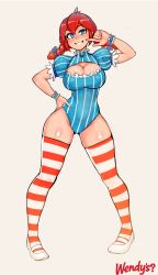 Rule 34 | 1girl, abs, blue eyes, blush, breasts, cleavage, cleavage cutout, clothing cutout, freckles, hand on own hip, highres, large breasts, leotard, nisetanaka, product girl, red hair, smile, smug, solo, striped clothes, striped thighhighs, thighhighs, twintails, wendy&#039;s, wendy (wendy&#039;s), wide hips, wrist cuffs