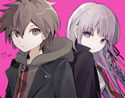 1boy 1girl back-to-back black_jacket black_ribbon braid brown_eyes brown_hair brown_necktie cotolu danganronpa:_trigger_happy_havoc danganronpa_(series) frown green_hoodie grey_hair hair_ribbon hood hood_down hoodie jacket kirigiri_kyoko long_hair naegi_makoto necktie open_clothes open_jacket pink_background pink_eyes ribbon short_hair side_braid simple_background smile translation_request