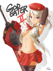 Rule 34 | 10s, 1girl, adjusting hair, alisa ilinichina amiella, armpits, bad id, bad pixiv id, beret, black gloves, blue eyes, boots, breasts, copyright name, elbow gloves, fingerless gloves, gloves, god eater, god eater 2: rage burst, hand on own hip, hat, highres, huge weapon, long hair, looking at viewer, navel, neko7, open clothes, open shirt, shadow, shirt, signature, silver hair, smile, solo, sword, thigh boots, thighhighs, weapon