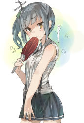 Rule 34 | 10s, 1girl, bad id, bad pixiv id, blush, cowboy shot, gradient background, grey hair, hair ribbon, hand fan, highres, kantai collection, kasumi (kancolle), murakami meishi, pleated skirt, ribbon, side ponytail, skirt, sleeves rolled up, solo, suspenders, translation request, yellow eyes