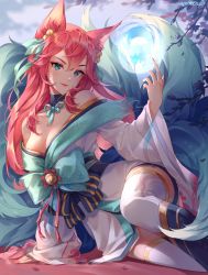 Rule 34 | 1girl, ahri (league of legends), animal ear fluff, animal ears, aniroud, artist name, bare shoulders, bell, blue bow, blue choker, blue eyes, blue ribbon, bow, branch, breasts, choker, cleavage, commentary, english commentary, eyeshadow, facial mark, feet out of frame, fingernails, fox ears, fox girl, fox tail, hair ribbon, hand up, highres, japanese clothes, jingle bell, kimono, league of legends, long hair, looking at viewer, makeup, multiple tails, nail polish, obi, official alternate costume, orb, pink nails, reclining, red hair, ribbon, ribbon choker, sash, sharp fingernails, signature, smile, solo, spirit blossom ahri, tail, thighhighs, whisker markings, white kimono, white thighhighs