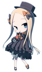 Rule 34 | 1girl, :o, abigail williams (fate), black bow, black dress, black footwear, black headwear, blonde hair, bloomers, blue eyes, blush, bow, chibi, dress, fate/grand order, fate (series), footwear bow, forehead, full body, hair bow, holding, holding stuffed toy, long hair, looking at viewer, mary janes, miyasaka takaji, multiple hair bows, open mouth, orange bow, parted bangs, polka dot, polka dot bow, shoes, simple background, sleeves past fingers, sleeves past wrists, solo, stuffed animal, stuffed toy, teddy bear, underwear, very long hair, white background, white bloomers