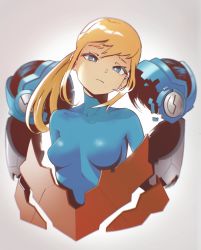 Rule 34 | 1girl, absurdres, armor, blonde hair, blue bodysuit, blue eyes, bodysuit, breasts, bright pupils, frown, head tilt, highres, impossible bodysuit, impossible clothes, lem, looking at viewer, medium breasts, metroid, metroid dread, mole, mole under mouth, nintendo, ponytail, power armor, samus aran, science fiction, skin tight, solo, upper body, white pupils