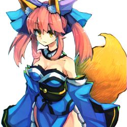 Rule 34 | 10s, 1girl, :3, animal ears, bad id, bad pixiv id, bare shoulders, bow, breasts, cleavage, collarbone, cowboy shot, detached sleeves, fate/extra, fate/grand order, fate (series), fox ears, fox tail, hair bow, hair ribbon, highres, japanese clothes, long hair, long sleeves, pink hair, ribbon, sash, simple background, sketch, smile, solo, suminagashi, tail, tamamo (fate), tamamo no mae (fate/extra), twintails, white background, wide sleeves, yellow eyes