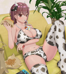 Rule 34 | 1girl, absurdres, animal ears, animal print, arm under breasts, bangom r, between breasts, bra, breasts, burger, chinese zodiac, cleavage, copyright request, couch, cow ears, cow girl, cow horns, cow print, drinking, drinking straw, food, highres, horns, huge filesize, indoors, large breasts, navel, panties, sitting, solo, thighhighs, underwear, year of the ox