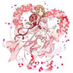 Rule 34 | 1girl, asuna (sao), blush, bouquet, braid, brown eyes, brown hair, detached sleeves, dress, flower, full body, garter straps, hair flower, hair ornament, high heels, holding, holding bouquet, leg up, long hair, looking at viewer, petals, pink dress, pink flower, pink footwear, pink rose, pumps, red flower, red rose, rose, side braid, simple background, single braid, skirt hold, sleeveless, sleeveless dress, smile, solo, sword art online, thighhighs, white background, white thighhighs