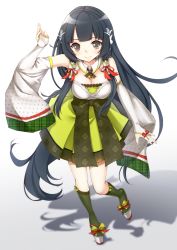 Rule 34 | 10s, 1girl, black hair, breasts, dabadhi, detached sleeves, hair ornament, hair tubes, highres, japanese clothes, kantai collection, long hair, looking at viewer, mizuho (kancolle), platform clogs, solo, very long hair