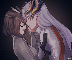 Rule 34 | 2girls, arknights, black background, brown hair, brown sweater, closed mouth, commentary request, dragon horns, earrings, eye contact, feather hair, from side, glasses, hand on another&#039;s face, horns, jewelry, kawaii inu5, light particles, long hair, long sleeves, looking at another, medium hair, multiple girls, open mouth, orange eyes, profile, ribbed sweater, saria (arknights), shirt, silence (arknights), silver hair, simple background, stud earrings, sweater, turtleneck, turtleneck sweater, upper body, white shirt, yuri
