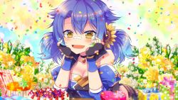 Rule 34 | 1girl, bandaid, bandaid on face, bandaid on nose, bare shoulders, blue hair, blush, breasts, cake, choker, cleavage, commentary, confetti, detached sleeves, fingerless gloves, flower, food, gift, gloves, hair between eyes, hair flower, hair ornament, hero channel, jacket, looking at viewer, low twintails, medium breasts, medium hair, minamori hero, open clothes, open jacket, open mouth, sakura tsubame, sleeveless, sleeveless jacket, smile, solo, sunflower, sunflower hair ornament, twintails, virtual youtuber, yellow eyes