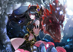 1girl, armband, bare legs, bare shoulders, black hair, black skirt, bracelet, crop top, dragon, hair ornament, halter top, halterneck, highres, jewelry, lipstick, long hair, looking at viewer, makeup, midriff, nail polish, navel, parted lips, petals, red eyes, red nails, seven knights, skirt, smile, solo, vardan