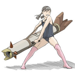 Rule 34 | 1girl, bad id, bad pixiv id, brown hair, clenched teeth, hentai oyaji, legs apart, lowres, one-piece swimsuit, original, parted lips, rocket launcher, school swimsuit, solo, standing, swimsuit, teeth, thighhighs, twintails, weapon