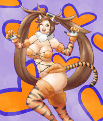 Rule 34 | 1girl, :d, amadeous, animal ears, animal print, breasts, brown eyes, brown hair, cat ears, cat tail, cosplay, cowboy shot, elbow gloves, fake animal ears, fake tail, fangs, fate/grand order, fate (series), fur, fur trim, gloves, guilty gear, hair ornament, hairclip, highres, kuradoberi jam, large breasts, long hair, makeup, mash kyrielight, mash kyrielight (dangerous beast), mash kyrielight (dangerous beast) (cosplay), matching hair/eyes, one eye closed, open mouth, revealing clothes, smile, solo, tail, thighhighs, tiger print, very long hair