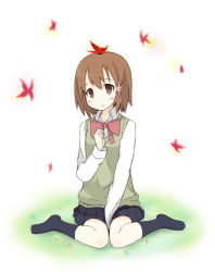 Rule 34 | 10s, 1girl, bow, bowtie, brown eyes, brown hair, bug, butterfly, flower, hair flower, hair ornament, hasegawa yume, highres, insect, kneeling, pupa, school uniform, short hair, simple background, skirt, solo, sweater vest