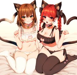 Rule 34 | 2girls, animal ears, bad anatomy, bare arms, bare shoulders, bed sheet, bell, black bow, black bra, black choker, black legwear, black panties, blush, bow, bra, braid, breasts, brown hair, cat cutout, cat ear panties, cat ears, cat lingerie, cat tail, chen, choker, cleavage, cleavage cutout, clothing cutout, collarbone, commentary request, extra ears, fang, fang out, flat chest, frilled bra, frills, gradient background, groin, hair between eyes, hair bow, hand up, heart, heart tail, jewelry, jingle bell, kaenbyou rin, large breasts, lingerie, long hair, looking at viewer, marota, meme attire, multiple girls, multiple tails, nail polish, navel, neck bell, nekomata, no headwear, no shoes, open mouth, panties, paw pose, red eyes, red hair, red nails, short hair, side-tie panties, sitting, skin fang, smile, stomach, tail, thighhighs, thighs, touhou, twin braids, twintails, two tails, underwear, underwear only, white background, white bra, white choker, white legwear, white panties, yokozuwari