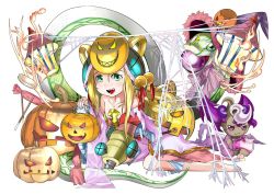 Rule 34 | 1girl, adapted costume, animal, bad id, bad pixiv id, bare shoulders, blonde hair, blush, collarbone, dress, fangs, giant snake, green eyes, hair bobbles, hair ornament, hair rings, halloween, hat, jack-o&#039;-lantern, kei (keiclear), lantern, long hair, long sleeves, mask, meimei (p&amp;d), nail, off shoulder, open mouth, oversized animal, pumpkin, puzzle &amp; dragons, red ribbon, ribbon, screw, silk, simple background, snake, solo, spider web, torn clothes, torn dress, turtle shell, white background, witch hat