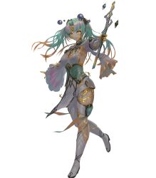 Rule 34 | 1girl, asymmetrical clothes, bandages, boots, breasts, closed mouth, commentary request, corruption, fire emblem, fire emblem heroes, full body, gradient clothes, gradient hair, green hair, hair ornament, heidr (fire emblem), highres, holding, lips, long hair, looking at viewer, medium breasts, multicolored hair, nintendo, official art, orange hair, pants, pelvic curtain, purple hair, silver trim, simple background, single boot, solo, standing, thigh strap, thighs, twintails, wand, white background, wide sleeves, yellow eyes, yoshiku (oden-usagi)