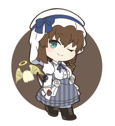 Rule 34 | 1girl, ;), black footwear, blood, bloody knife, blue bow, blue ribbon, blush, boots, bow, braid, brown background, brown hair, center frills, charlotte corday (fate), charlotte corday (second ascension) (fate), chibi, closed mouth, collared shirt, commentary request, cross-laced footwear, fate/grand order, fate (series), flower, frills, full body, green eyes, hair between eyes, hat, hat bow, holding, holding knife, juliet sleeves, knife, lace-up boots, long hair, long sleeves, looking at viewer, neck ribbon, nyaru (nyaru 4126), one eye closed, puffy sleeves, ribbon, rose, round image, shirt, skirt, smile, solo, striped clothes, striped shirt, suspender skirt, suspenders, two-tone background, unmoving pattern, vertical-striped clothes, vertical-striped shirt, white background, white flower, white hat, white rose, white shirt