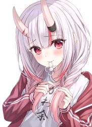 Rule 34 | 1girl, adjusting hair, blush, braid, clothes writing, cuckoo ki, flower hairband, gradient hair, grey hair, highres, hololive, horns, jacket, long hair, looking at viewer, mouth hold, multicolored hair, nakiri ayame, nakiri ayame (7th costume), official alternate costume, oni, red eyes, red hair, red jacket, shirt, skin-covered horns, solo, track jacket, twin braids, virtual youtuber, white background, white shirt