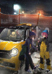 Rule 34 | 2girls, :d, absurdres, beanie, black pants, blue eyes, blue sweater, brown hair, car, clothes around waist, food, hat, highres, holding, holding food, honda, honda n-one, jacket, jacket around waist, long hair, medium hair, motor vehicle, mountain, multiple girls, night, open mouth, original, outdoors, overalls, pants, pink hair, scenery, skis, smile, snow, snowboard, snowing, sweater, winter, yellow overalls, you&#039;a