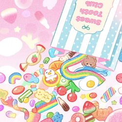 Rule 34 | bag, bear, bird, candy, candy wrapper, cherry, colorful, commentary, egg, english commentary, food, food focus, fruit, gummy bear, gummy worm, highres, jelly bean, no humans, original, pink background, rainbow, star (symbol), strawberry, summernight 12, watermelon, wrapped candy