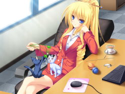 Rule 34 | 1girl, animal, ball, bare legs, blazer, blonde hair, blue eyes, blush, business suit, cat, chair, computer, cup, drill hair, feathers, female focus, formal, hair ornament, highres, jacket, jewelry, koshimizu rei, laptop, legs, crossed legs, long hair, looking at viewer, mikagami mamizu, miniskirt, mouse (computer), mousepad, mousepad (object), necklace, neko koi!, office lady, pencil skirt, plate, ponytail, sitting, skirt, skirt suit, smile, suit, sunlight, table, tea, teacup, teaspoon, whirlpool, window