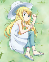 Rule 34 | 00s, 1girl, blonde hair, blue eyes, c-lop, closed mouth, dress, grass, hat, kate (sketchbook full colors), long hair, lying, nature, pants, sandals, sketchbook full colors, smile, solo, sun hat