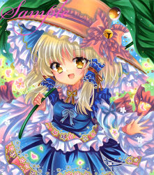 Rule 34 | 1girl, :d, adapted costume, bell, blonde hair, blue ribbon, blue skirt, blue vest, brown hat, commentary request, flower, frilled hair tubes, frilled hat, frilled ribbon, frills, hair tubes, hat, hat bell, hat ribbon, holding, holding leaf, jingle bell, leaf, leaf umbrella, long sleeves, looking at viewer, marker (medium), moriya suwako, open mouth, petals, ribbon, rui (sugar3), sample watermark, shirt, sidelocks, skirt, skirt set, smile, solo, touhou, traditional media, upper body, vest, watermark, white shirt, wide sleeves, yellow eyes