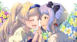 Rule 34 | 2girls, black ribbon, blonde hair, blue flower, blue hairband, blush, bow, closed eyes, earrings, emily stewart, face-to-face, floral background, flower, flower earrings, glint, hair bow, hair ribbon, hairband, hand up, holding hands, idolmaster, idolmaster million live!, idolmaster million live! theater days, jewelry, long hair, long sleeves, looking at another, makabe mizuki, multiple girls, one eye closed, open mouth, pink flower, plant, portrait, puffy sleeves, purple flower, purple hair, red flower, ribbon, shirt, short hair, sidelocks, smile, staring, twintails, vines, wavy hair, white shirt, yellow eyes, yellow footwear, yoshika (music480069)