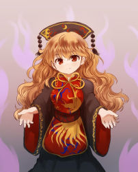 Rule 34 | 1girl, belt, black dress, black hat, blonde hair, bow, bowtie, breasts, brown background, brown belt, closed mouth, crescent, crescent print, dress, energy, eyes visible through hair, gradient background, grey background, hair between eyes, hands up, hat, highres, junko (touhou), ka (haterun), legacy of lunatic kingdom, long hair, long sleeves, looking at viewer, medium breasts, phoenix crown, pom pom (clothes), red eyes, red vest, smile, solo, standing, tabard, touhou, vest, wavy hair, white background, wide sleeves, yellow bow, yellow bowtie