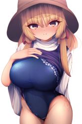 Rule 34 | 1girl, alternate breast size, blonde hair, blush, breasts, competition swimsuit, darumoon, grey eyes, hat, highres, huge breasts, large breasts, long hair, long sleeves, looking at viewer, medium hair, moriya suwako, one-piece swimsuit, parted bangs, purple vest, shirt, solo, swimsuit, touhou, turtleneck, vest, white background, white shirt, wide sleeves, yellow eyes