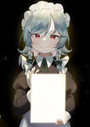 Rule 34 | 1girl, alternate costume, bad id, bad pixiv id, blush, bow, breasts, closed mouth, enmaided, glowing, green bow, green eyes, hair between eyes, highres, holding, izayoi sakuya, light particles, maid, maid headdress, medium hair, neck ribbon, red eyes, ribbon, silver hair, smile, solo, touhou, useq1067