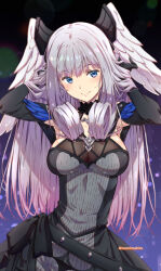 Rule 34 | 1girl, arms behind head, black dress, blue eyes, breasts, cowboy shot, curly hair, dress, elbow gloves, feather trim, feathered wings, feathers, gloves, grey hair, head wings, highres, izumi mahiru, large breasts, long hair, looking to the side, melia antiqua, pinstripe pattern, purple background, see-through, smile, solo, striped, twitter username, wings, xenoblade chronicles (series), xenoblade chronicles 3